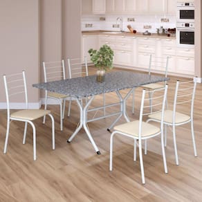 Conjunto Sala de Jantar Mesa Retangular 140x75cm Tampo Granito Ocre 6 Cadeiras Rio Creme / Branco