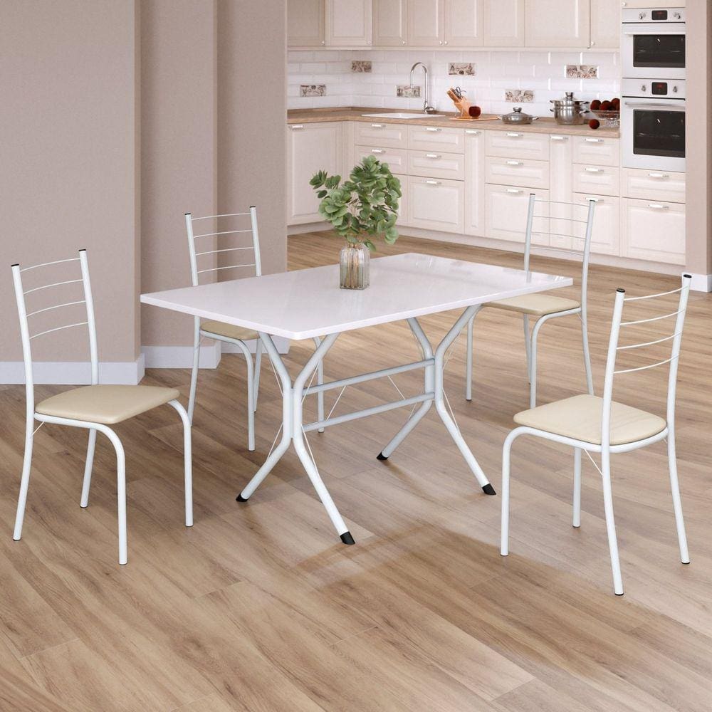 Conjunto Sala de Jantar Mesa Retangular 100x60cm Tampo Madeira Mdp 4 Cadeiras Rio Creme / Branco