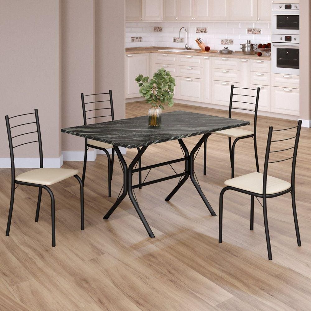Conjunto Sala de Jantar Mesa Retangular 100x60cm Tampo Ardósia Indiana 4 Cadeiras Rio Creme / Preto Fosco