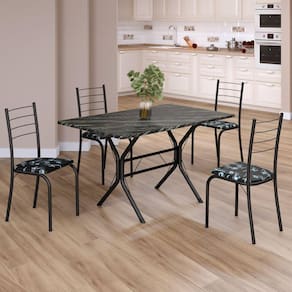 Conjunto Sala de Jantar Mesa Retangular 100x60cm Tampo Madeira Mdp Ardósia Indiana 4 Cadeiras Rio Preto Floral / Preto Fosco