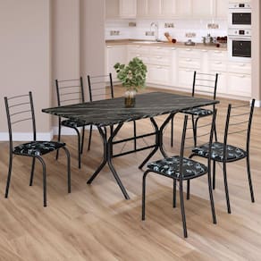 Conjunto Sala de Jantar Mesa Retangular 140x75cm Tampo Madeira Mdp Indiana 6 Cadeiras Rio Preto Floral / Preto Fosco