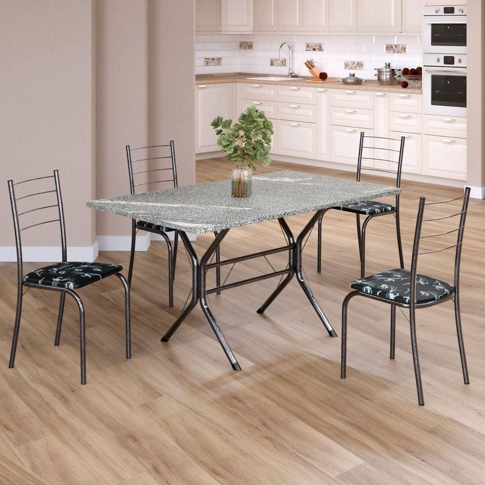 Conjunto Sala de Jantar Mesa Retangular 120x75cm Tampo Granito Topázio 4 Cadeiras Rio Preto Floral / Mart Prata