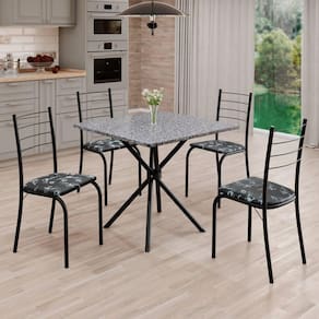 Conjunto Sala de Jantar Mesa Quadrada 70x70cm Tampo Granito Ocre 4 Cadeiras Rio Preto Floral / Preto Fosco