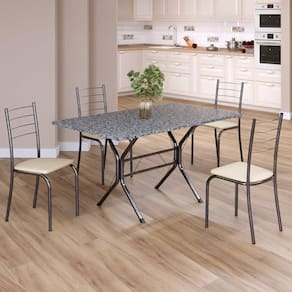 Conjunto Sala de Jantar Mesa Retangular 120x75cm Tampo Granito Ocre 4 Cadeiras Rio Creme / Mart Prata