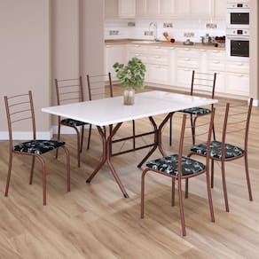 Conjunto Sala de Jantar Mesa Retangular 140x75cm Tampo Madeira Mdp 6 Cadeiras Rio Preto Floral / Marrom