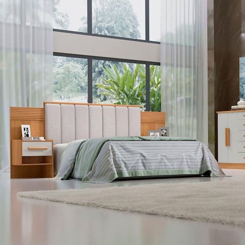 imagem-Cabeceira Casal 140cm Ripada 100% Mdf Estofada Isis com 02 Mesas de Cabeceira Cinamomo/Off White/Areia - Marrom