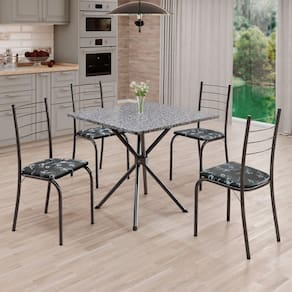 Conjunto Sala de Jantar Mesa Quadrada 70x70cm Tampo Granito Ocre 4 Cadeiras Rio Preto Floral / Mart Prata
