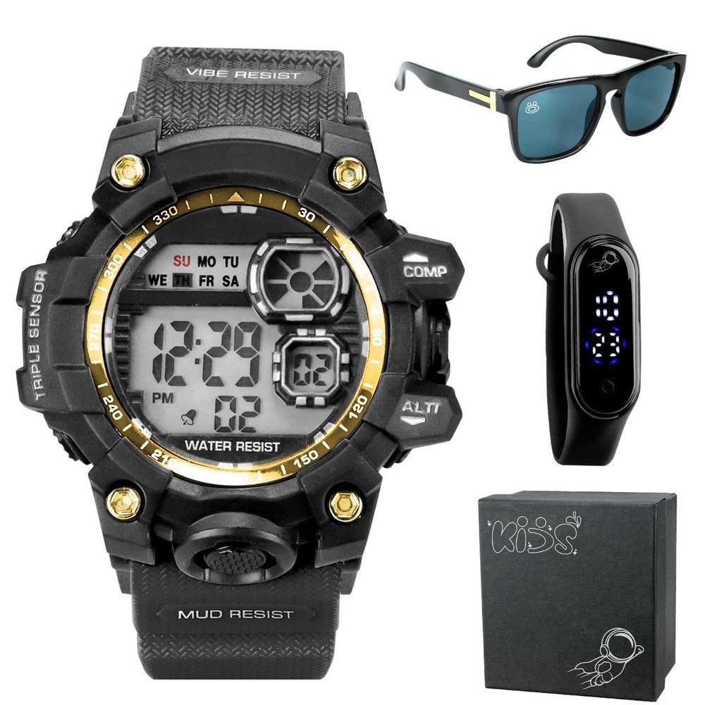 Relogio prova dagua digital + oculos sol protecao uv esportivo menino preto data dourado ajustavel