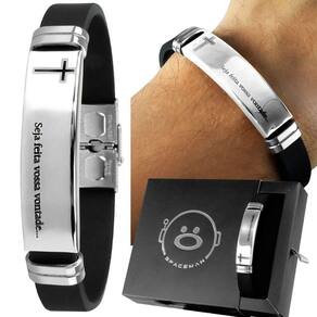 Pulseira masculina prata placa aço inox pai nosso + pulseira masculina prata aço pai nosso silicone