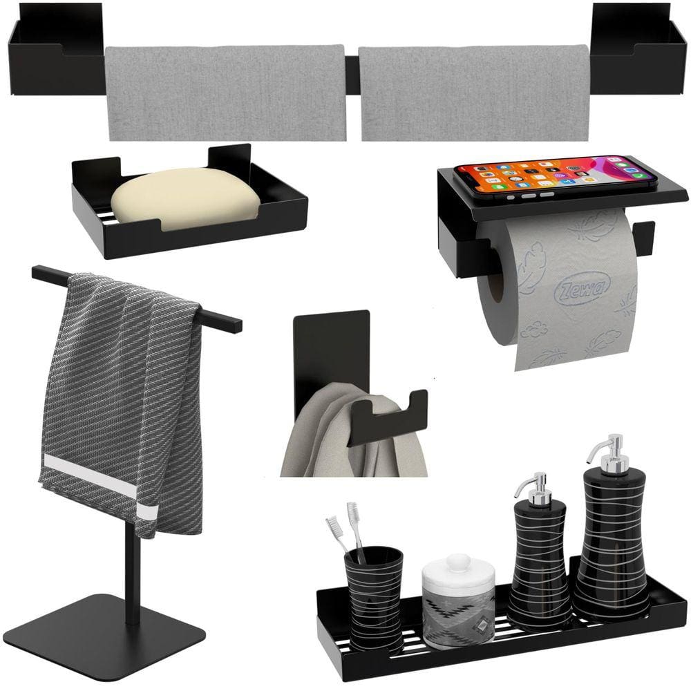 Kit de Acessórios Para Banheiro Preto 6 peças Adesivo F.Nice