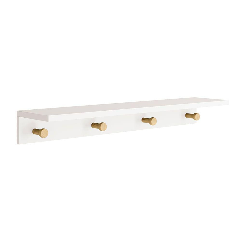 Prateleira Bia com Cabideiro Branco Fosco e Madeira Natural - 89cmx19cmx11cm