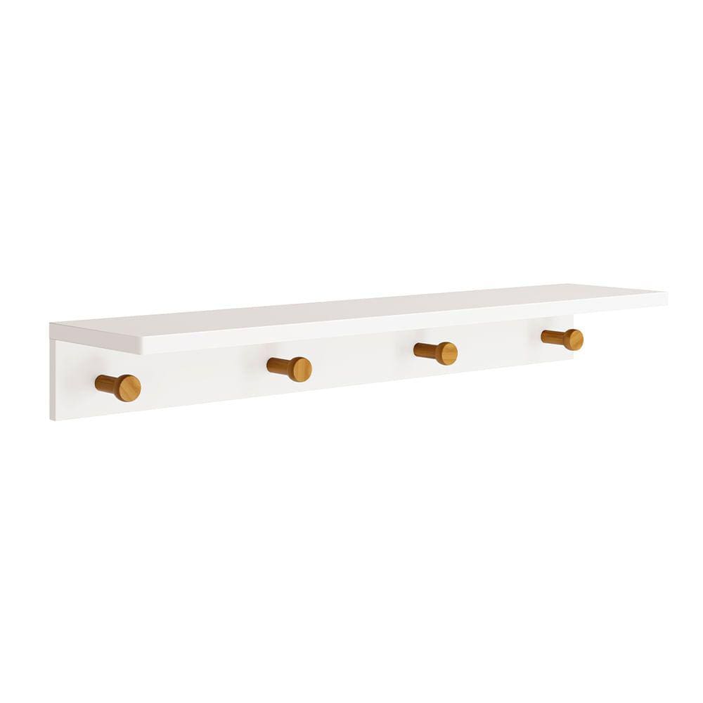 Prateleira Bia com Cabideiro Branco Fosco e Madeira - 89cmx19cmx11cm
