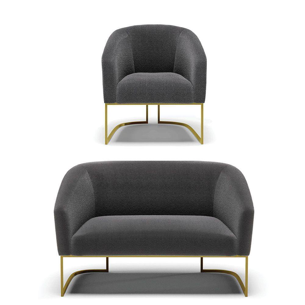 Sofá Namoradeira e Poltrona Base Industrial Dourado Stella Bouclê Grafite D03 - D`Rossi