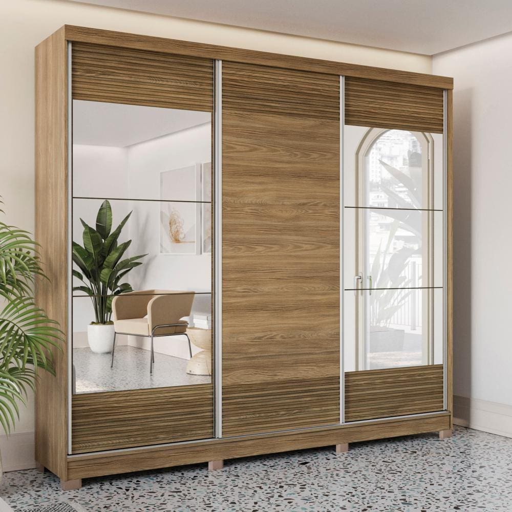 Guarda-Roupa Casal 100% MDF Kappesberg c/Pés e 6 Espelhos 3 Portas de Correr 6 Gavetas Nogueira