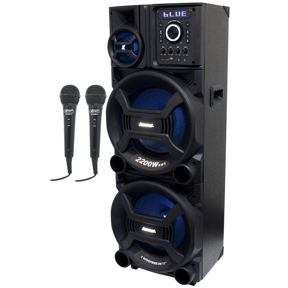 Caixa Som Amplificada Bluetooth 2200W Rms Woofer Mp3 Led Usb Tws ACA 2201 Pesadão Black 2 Microfones