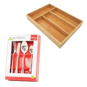 Kit Porta Talheres Mdf 4 Divisórias + 24 Talheres Em Inox