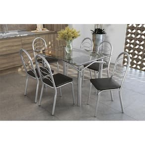 Kit Mesa Elba C- Tampo Vidro 120cm + 6 Cadeiras Holanda Cromado Courano Preto