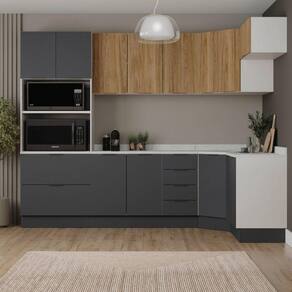 Cozinha Modulada 7 Peças com Tampo e Rodapé Ipanema Cabecasa Madeiramadeira Grafite Trama/Acácia