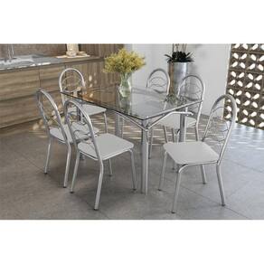 Kit Mesa Elba C- Tampo Vidro 120cm + 6 Cadeiras Holanda Cromado Courano Branco