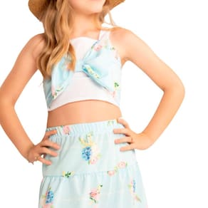Conj Cropped e Saia Midi Infantil Munlie Azul Floral tam 14
