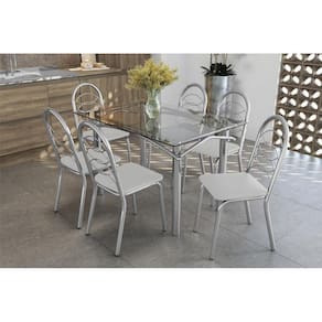 Kit Mesa Elba C- Tampo de Vidro 120cm + 6 Cadeiras Holanda Cromada Branco