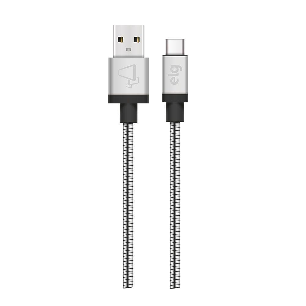 Cabo USB Tipo-C com Revestimento em Aço Inox Cinza 1m -  ELG