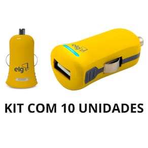 KIT com 10 Carregadores Veicular Universal USB Amarelo - ELG