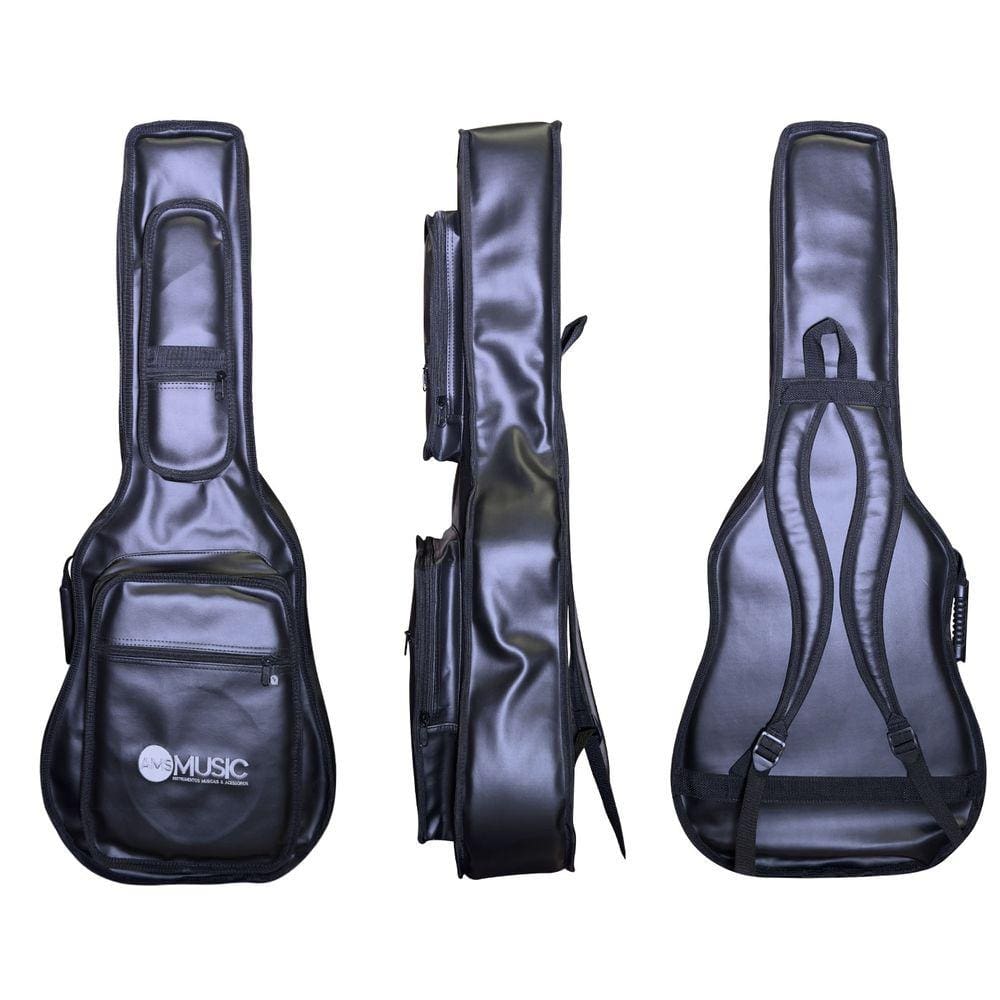 CAPA P/ VIOLÃO FOLK PREMIUM COURO "AMS" PRETO