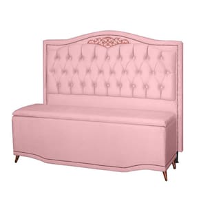 Kit Cabeceira e Calçadeira Baú Maitê Solteiro 90cm Veludo Rosa Bebê - Montanaris Decor