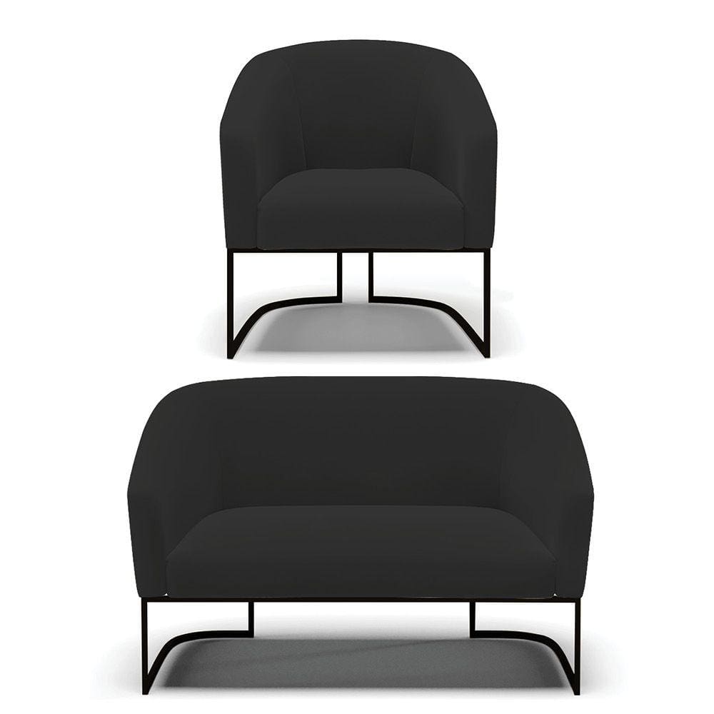 Sofá Namoradeira e Poltrona Base Industrial Preto Stella Veludo Preto D03 - D`Rossi