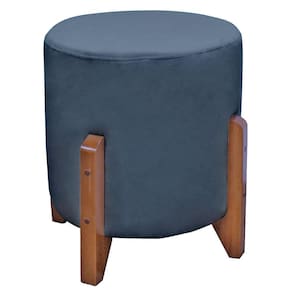 Puff Bally Luxo Banqueta Redonda Madeira Maciça Veludo Azul - WD Decor