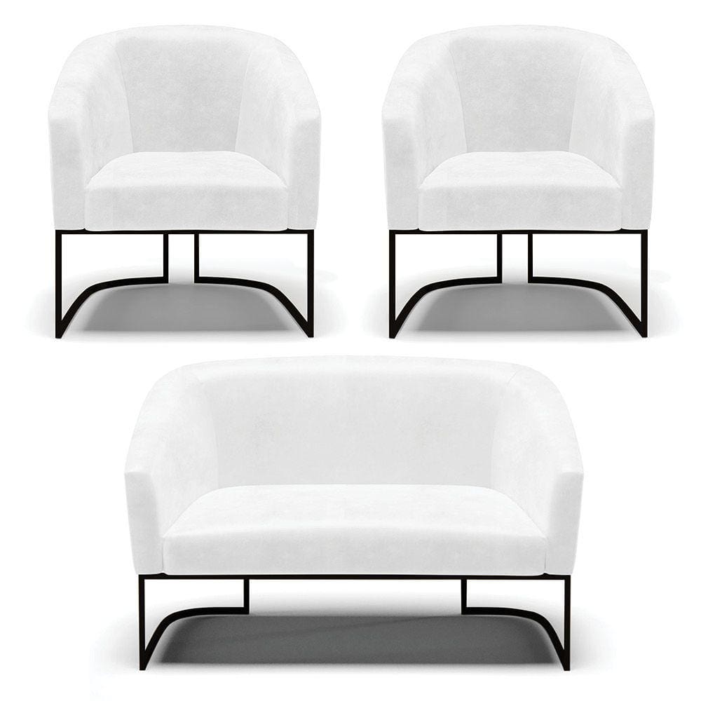 Sofá Namoradeira e 2 Poltronas Base Industrial Preto Stella Corano Branco D03 - D`Rossi