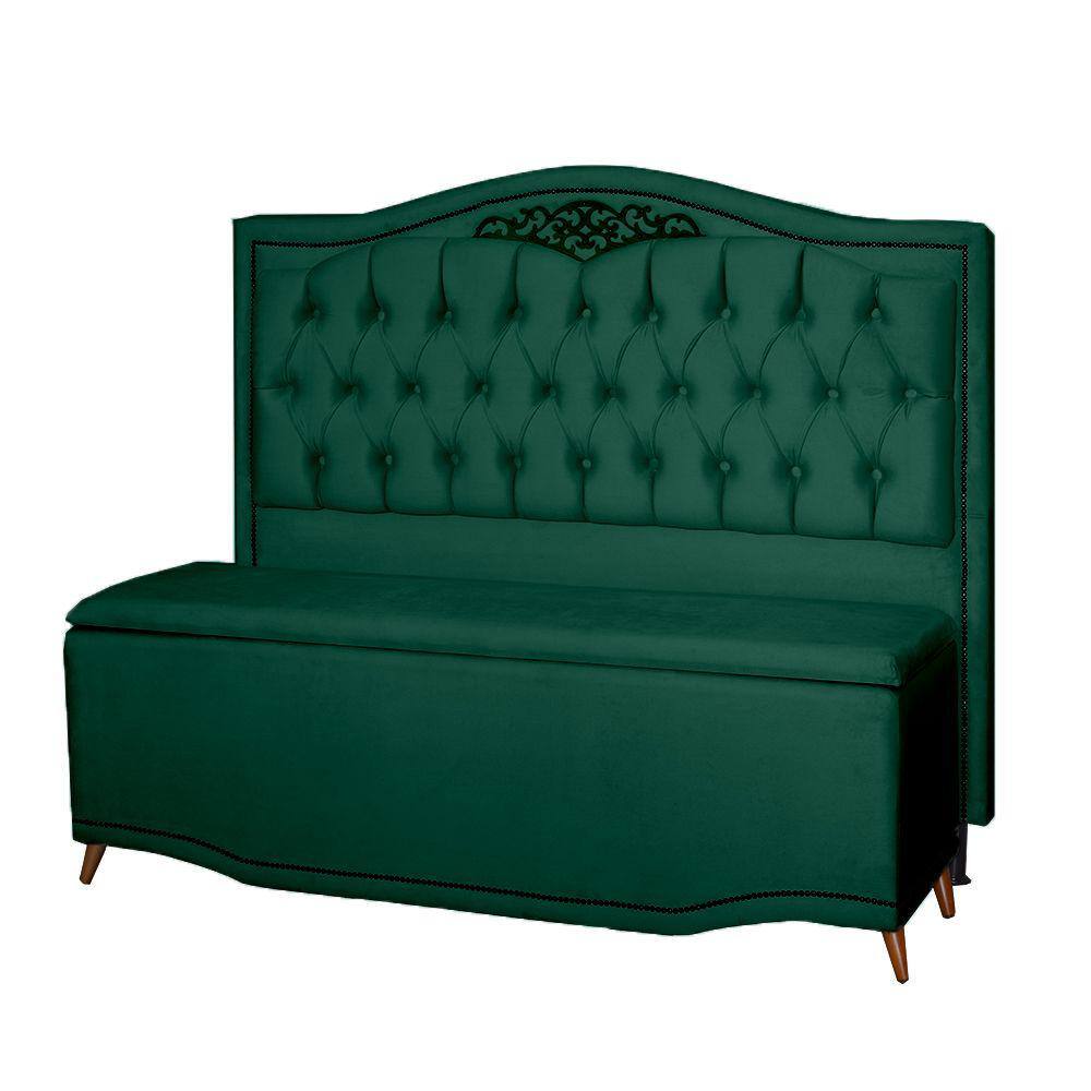 Kit Cabeceira e Calçadeira Baú Maitê Solteiro 90cm Veludo Verde - Montanaris Decor