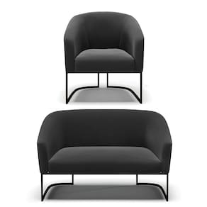Sofá Namoradeira e Poltrona Base Industrial Preto Stella Suede Preto D03 - D`Rossi