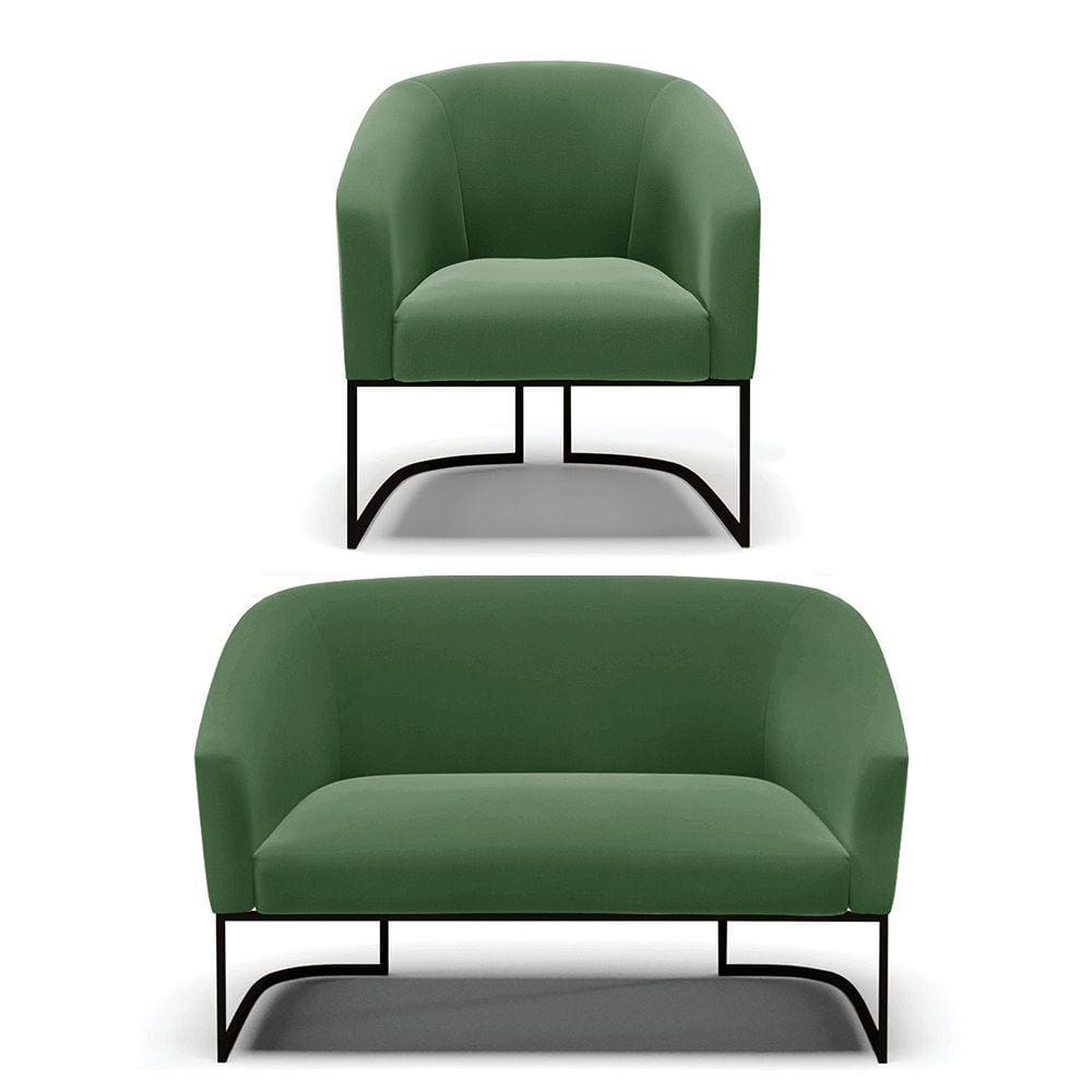 Sofá Namoradeira e Poltrona Base Industrial Preto Stella Suede Verde D03 - D`Rossi