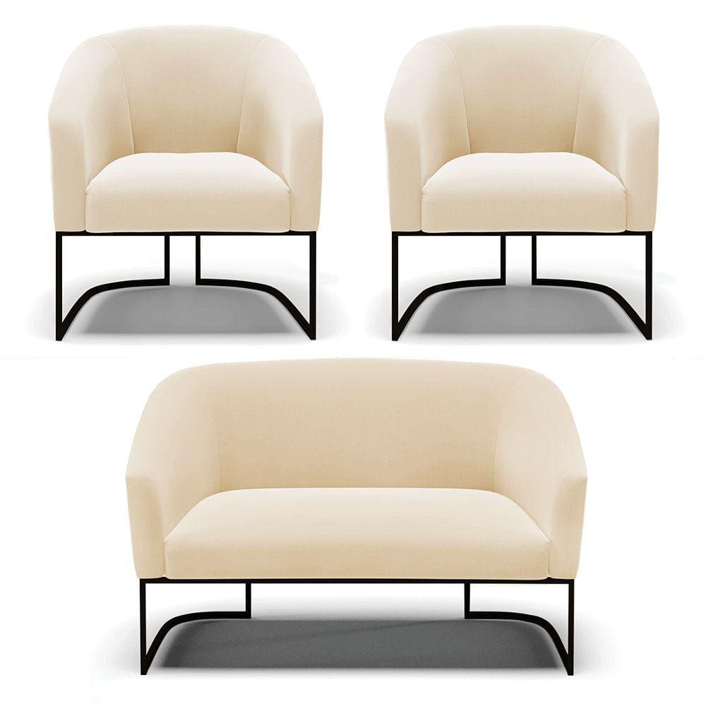 Sofá Namoradeira e 2 Poltronas Base Industrial Preto Stella Suede Bege D03 - D`Rossi