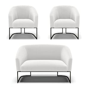Sofá Namoradeira e 2 Poltronas Base Industrial Preto Stella Bouclê Off White D03 - D`Rossi