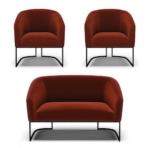 Sofá Namoradeira e 2 Poltronas Base Industrial Preto Stella Bouclê Terra D03 - D`Rossi