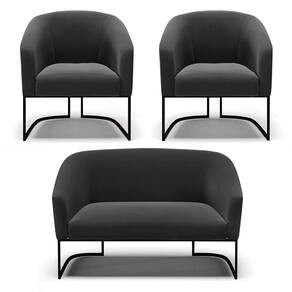 Sofá Namoradeira e 2 Poltronas Base Industrial Preto Stella Sued Preto D03 - D`Rossi