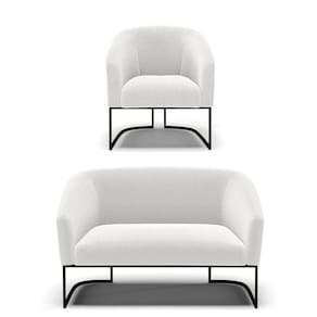 Sofá Namoradeira e Poltrona Base Industrial Preto Stella Bouclê Off White D03 - D`Rossi
