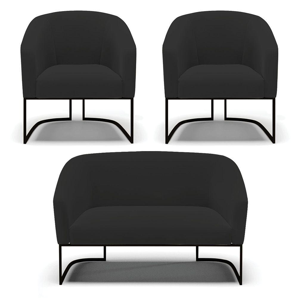 Sofá Namoradeira e 2 Poltronas Base Industrial Preto Stella Veludo Preto D03 - D`Rossi