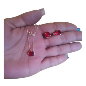 Kit Colar e Brinco Pedra de Zircônia Vermelha 6mm