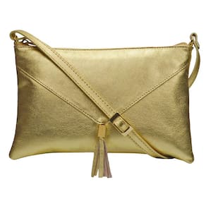 Bolsa Feminina Transversal Dourada Pequena Metalizada Em Couro