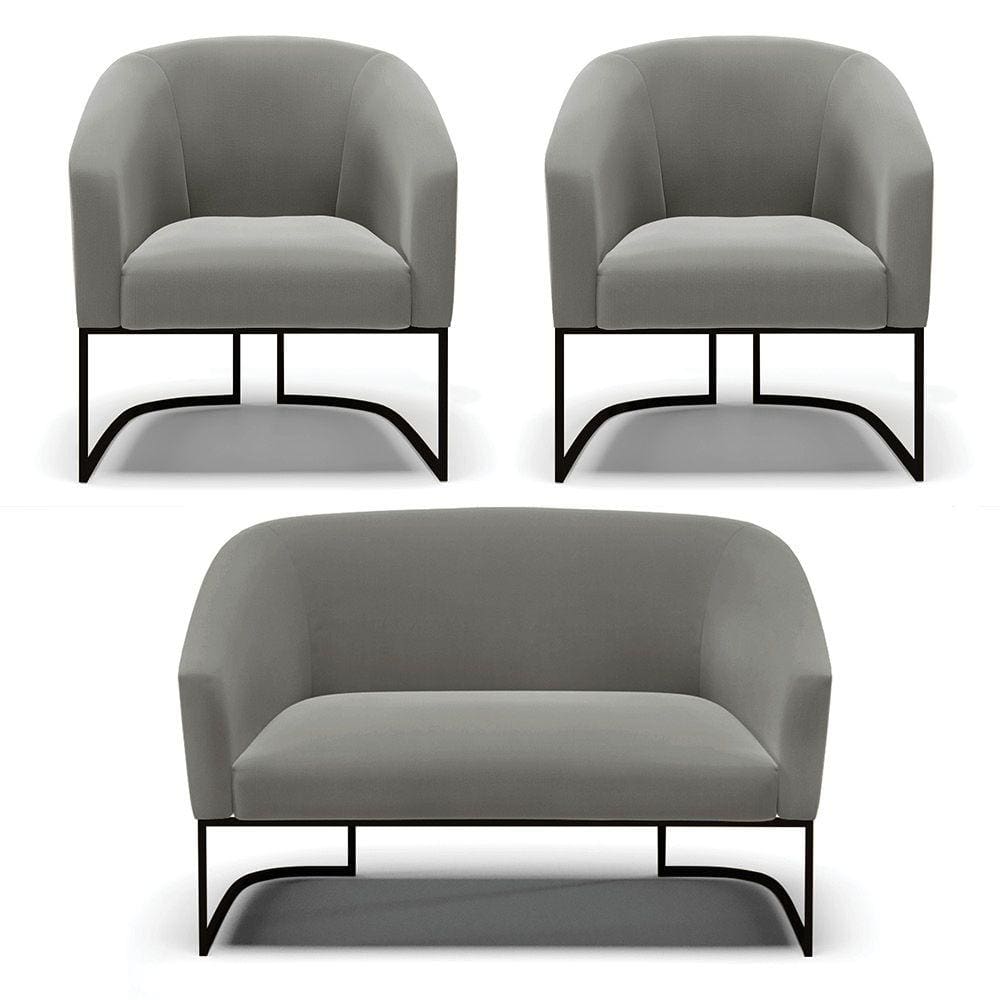 Sofá Namoradeira e 2 Poltronas Base Industrial Preto Stella Suede Grafite D03 - D`Rossi