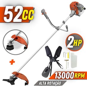 Máquina de Cortar Grama Á Gasolina Tekna RL520ACG2 2T 52cc 2HP 13.000RPM Roçadeira Lateral Com Faca 3 Pontas e Carretel Nylon