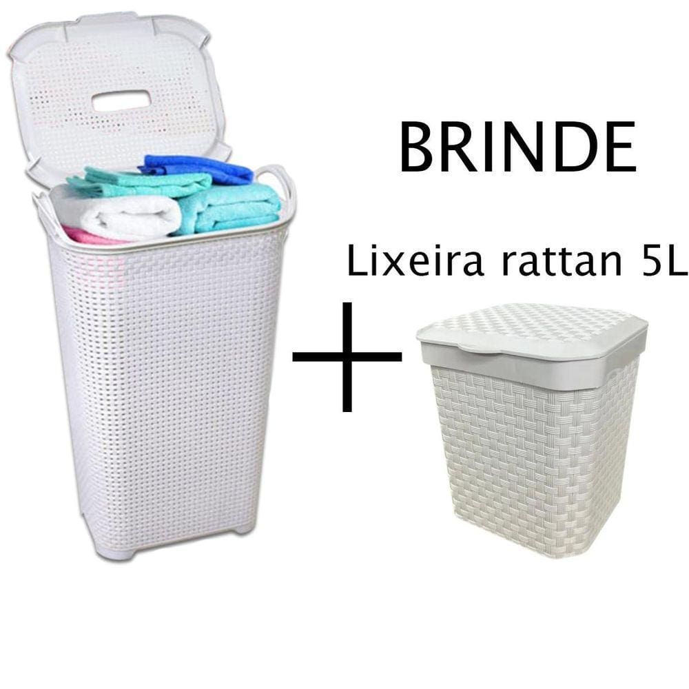 Cesto De Roupas Rattan 50L Basculada + Lixeira 5 Lts