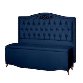 Kit Cabeceira e Calçadeira Baú Maitê Casal Queen 160cm Veludo Azul Marinho - Montanaris Decor