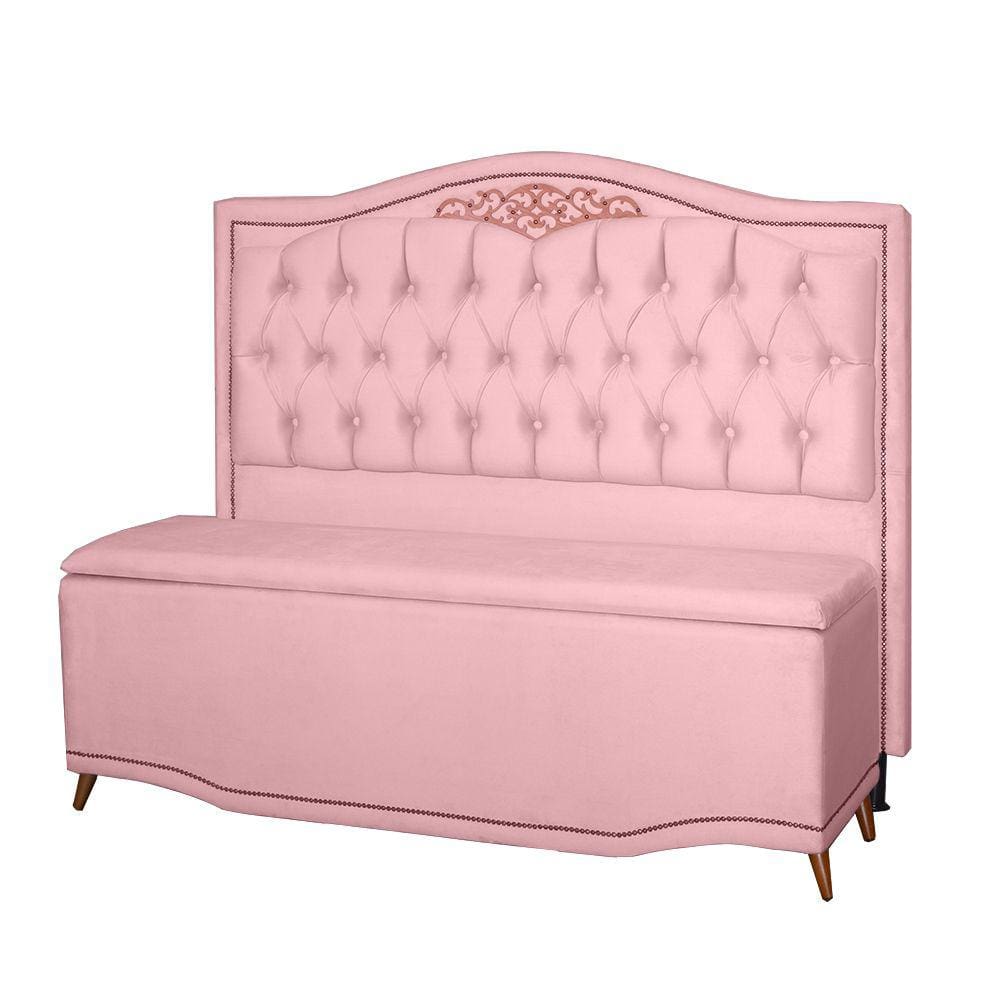 Kit Cabeceira e Calçadeira Baú Maitê Casal Queen 160cm Veludo Rosa Bebê - Montanaris Decor