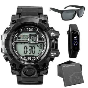 Relogio Masculino Preto + Oculos Sol Protecao Uv + Caixa