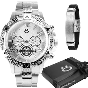 Relógio Masculino Prata Aço Inox + Pulseira Pai Nosso +